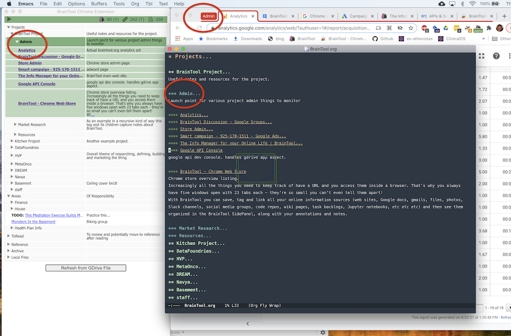 Screenshot showing BrainTool with emacs and Chrome views